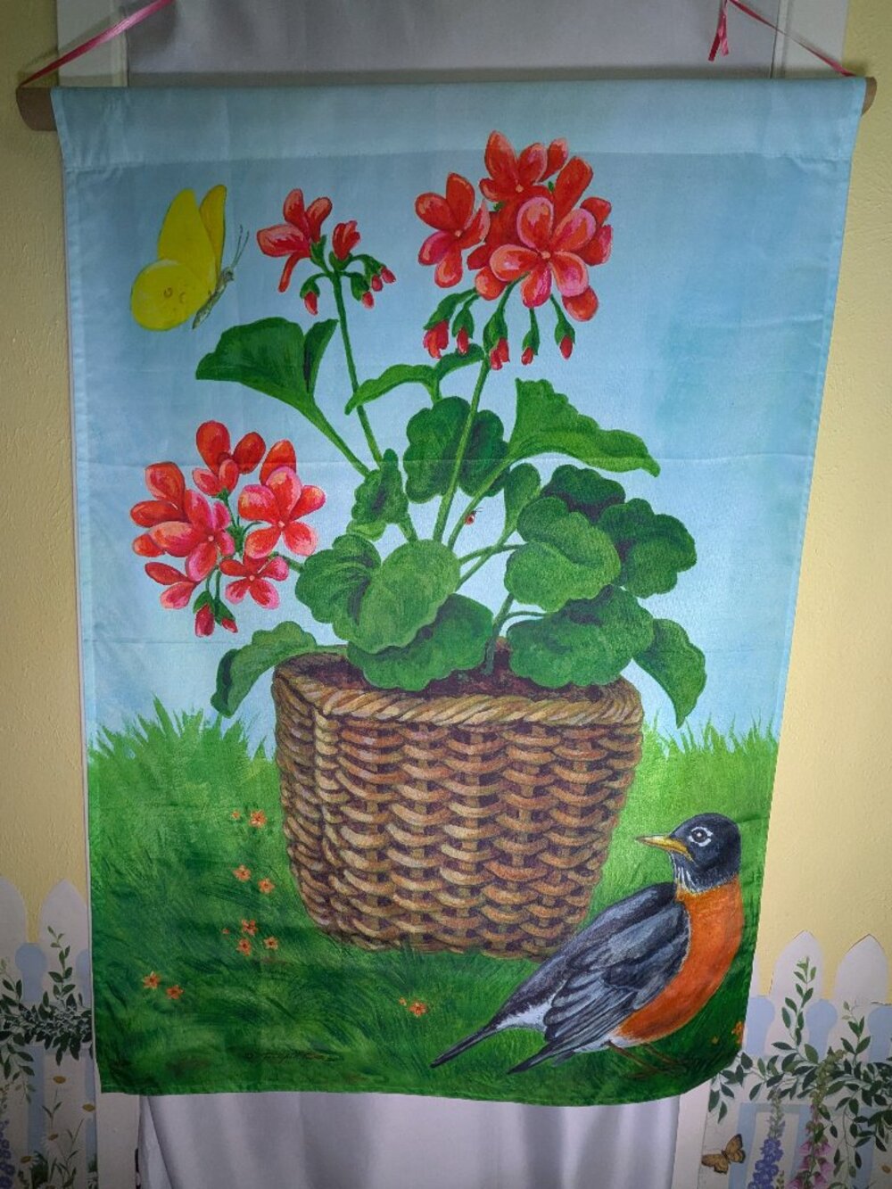 Jennifer Brinley Garden Flag Watering Can Birdhouse Tulips Large Vintage
